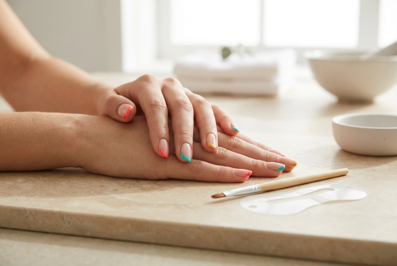 Farbige French Nails: Gleichmäßige Spitzen, Schablone, Pinsel und Korrekturen