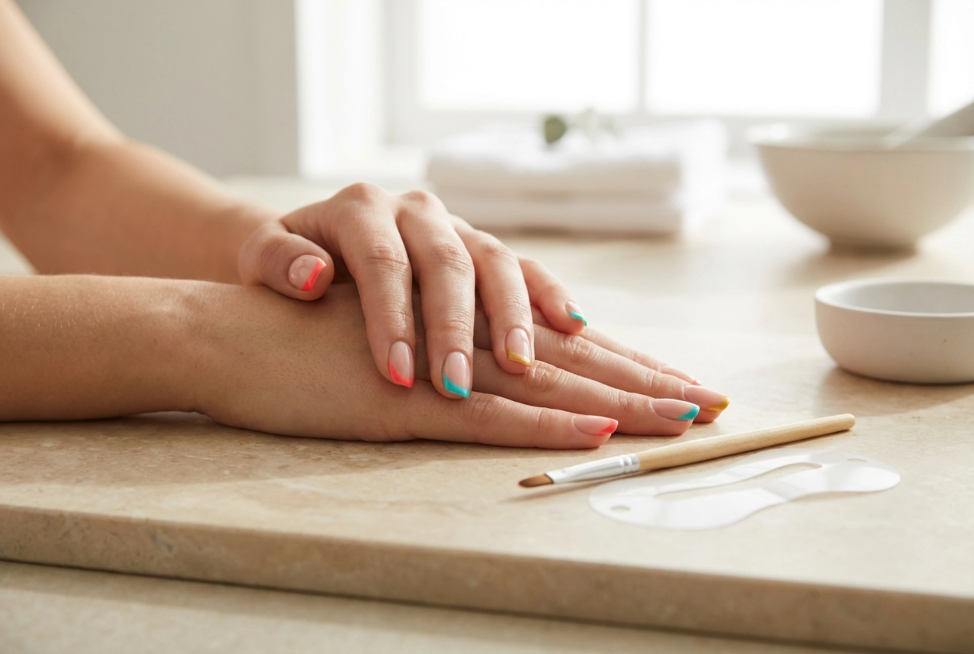 Farbige French Nails: Gleichmäßige Spitzen, Schablone, Pinsel und Korrekturen