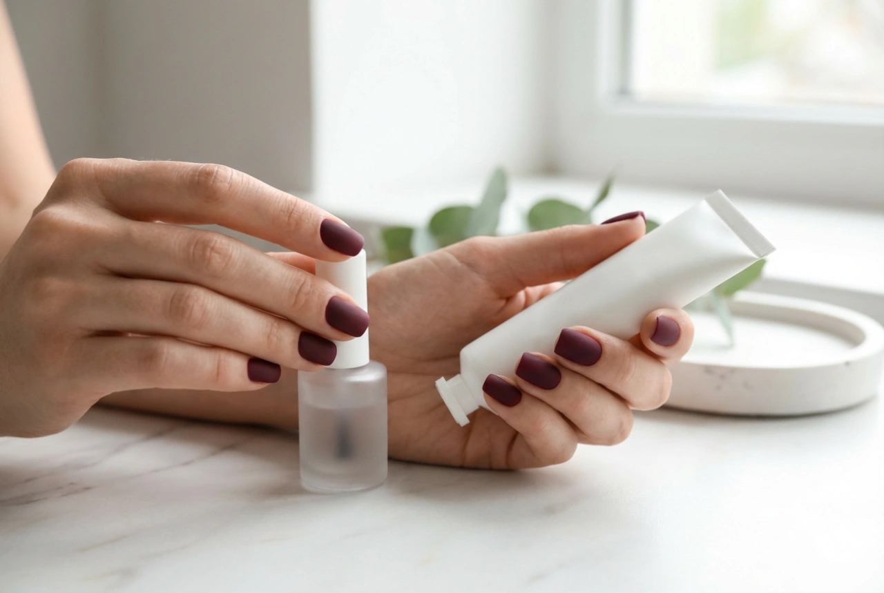 Matte weinrote Nägel: Glatte Basis, die Wahl des Top Coats und Pflege nach dem Lackieren