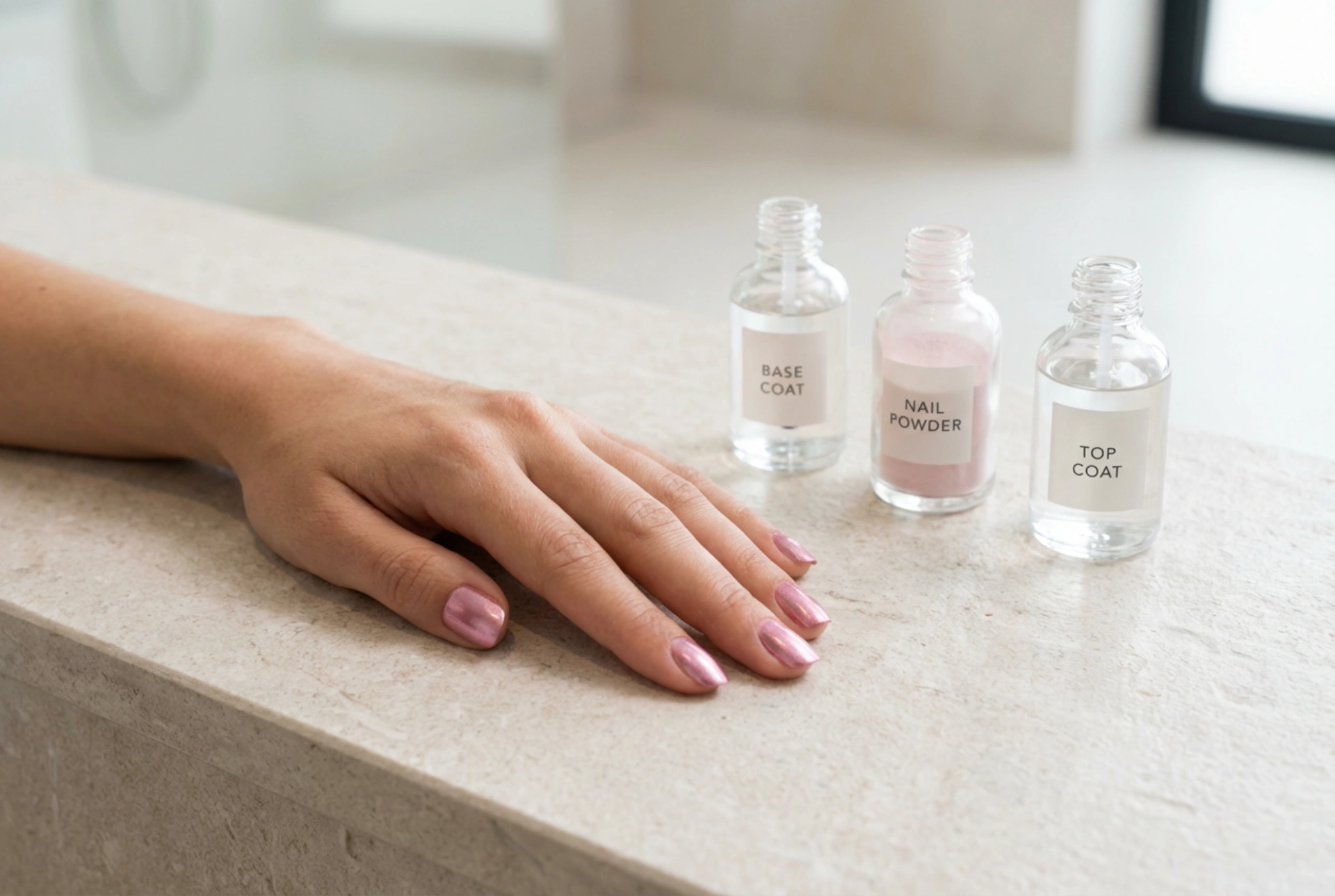 Metallisch-rosa Nägel Schritt für Schritt: Base, Puder und Top Coat
