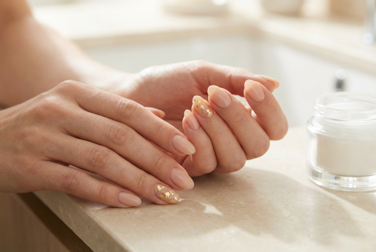 Nude-Nägel mit Gold: Elegante Akzente, Folien und Pigmente