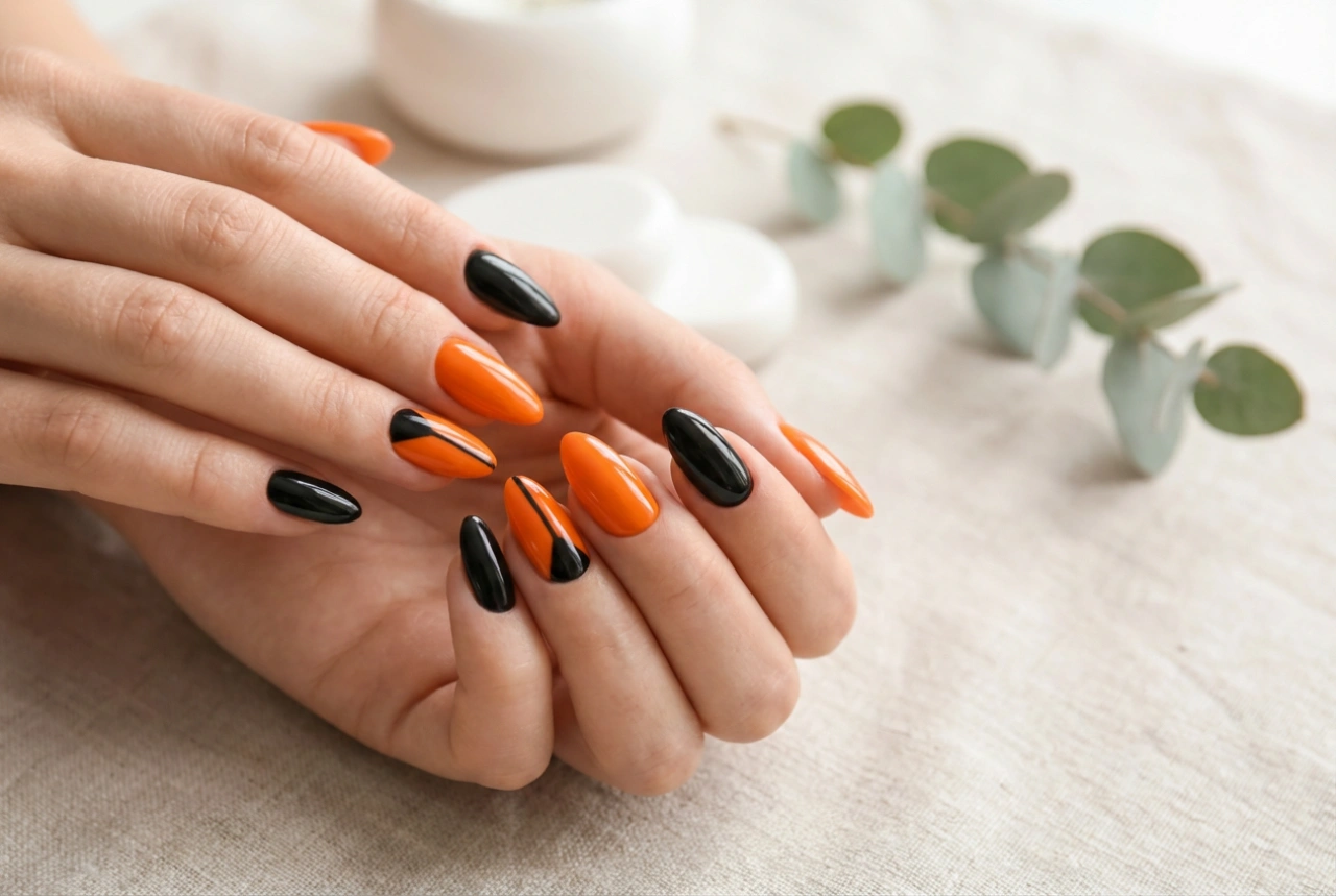 Orangefarbene Nägel mit Schwarz: Ausdrucksstarke Designs Schritt für Schritt
