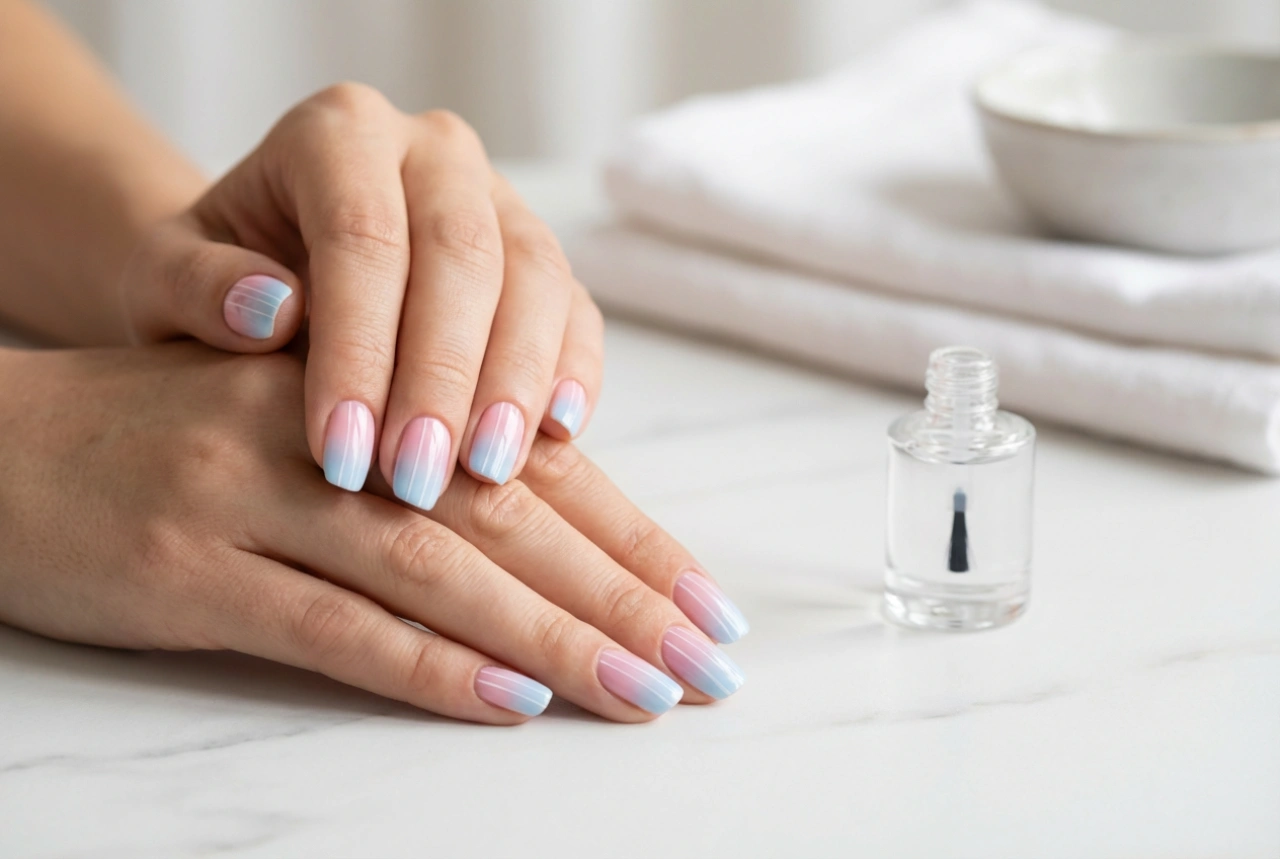 Rosa-blaue Nägel: Ombre, feine Streifen und langanhaltender Farbschutz
