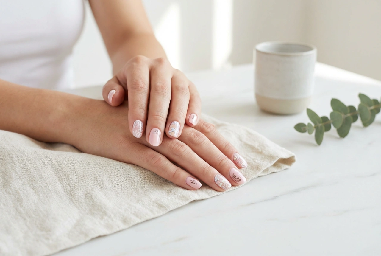 Rosa Nägel mit Blumen: Stempel, Aufkleber und handgemalte Kunstwerke