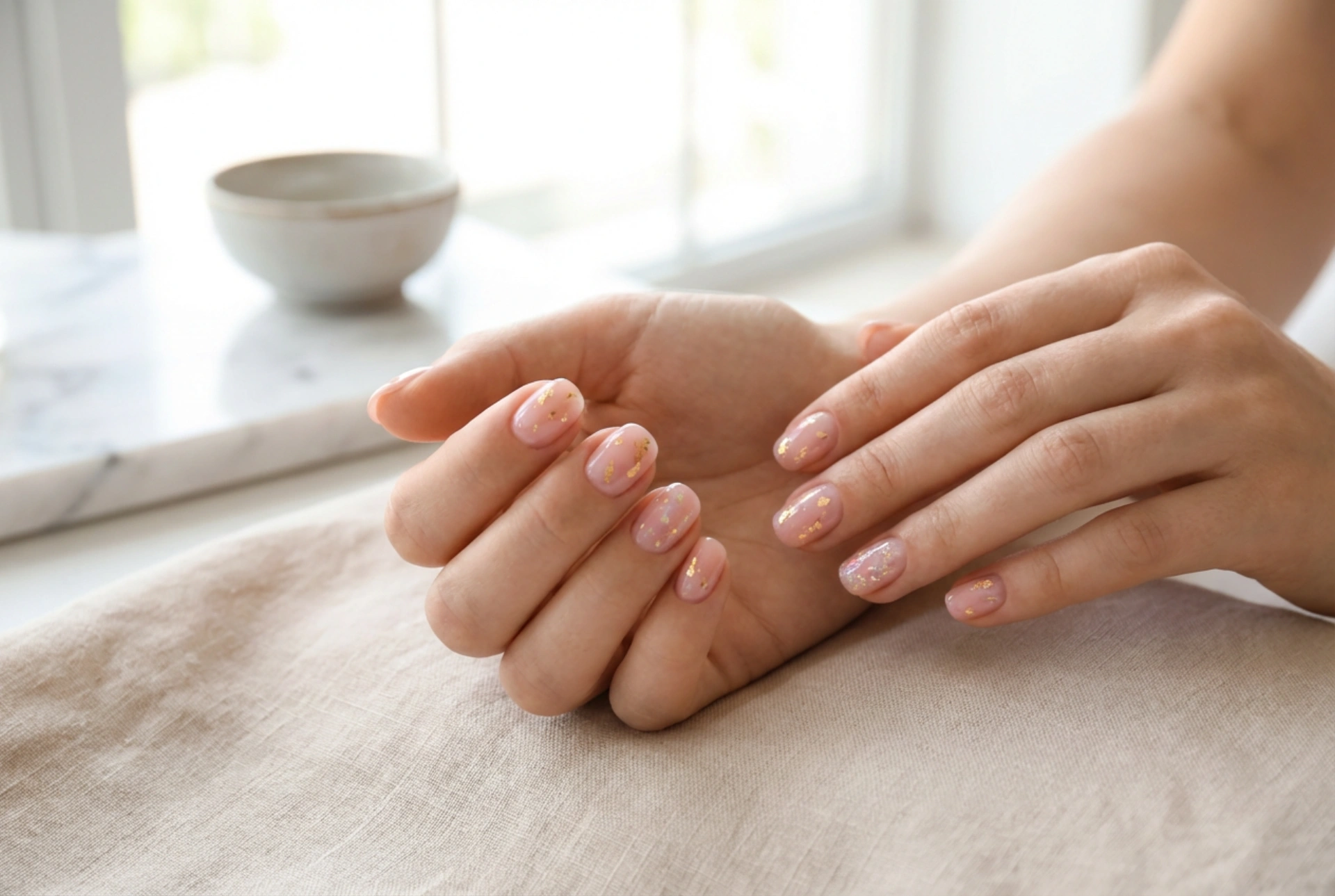 Rosa Maniküre mit Gold: Zarte Folien, Flocken und transparenter Top Coat