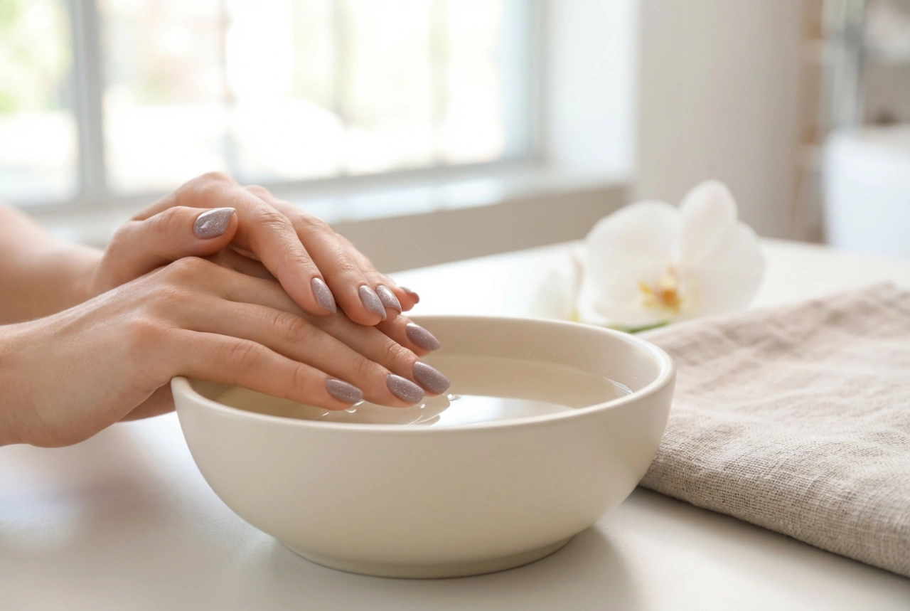 Rosa-graue Nägel mit Glitzer: Eleganter Glanz ohne Übermaß