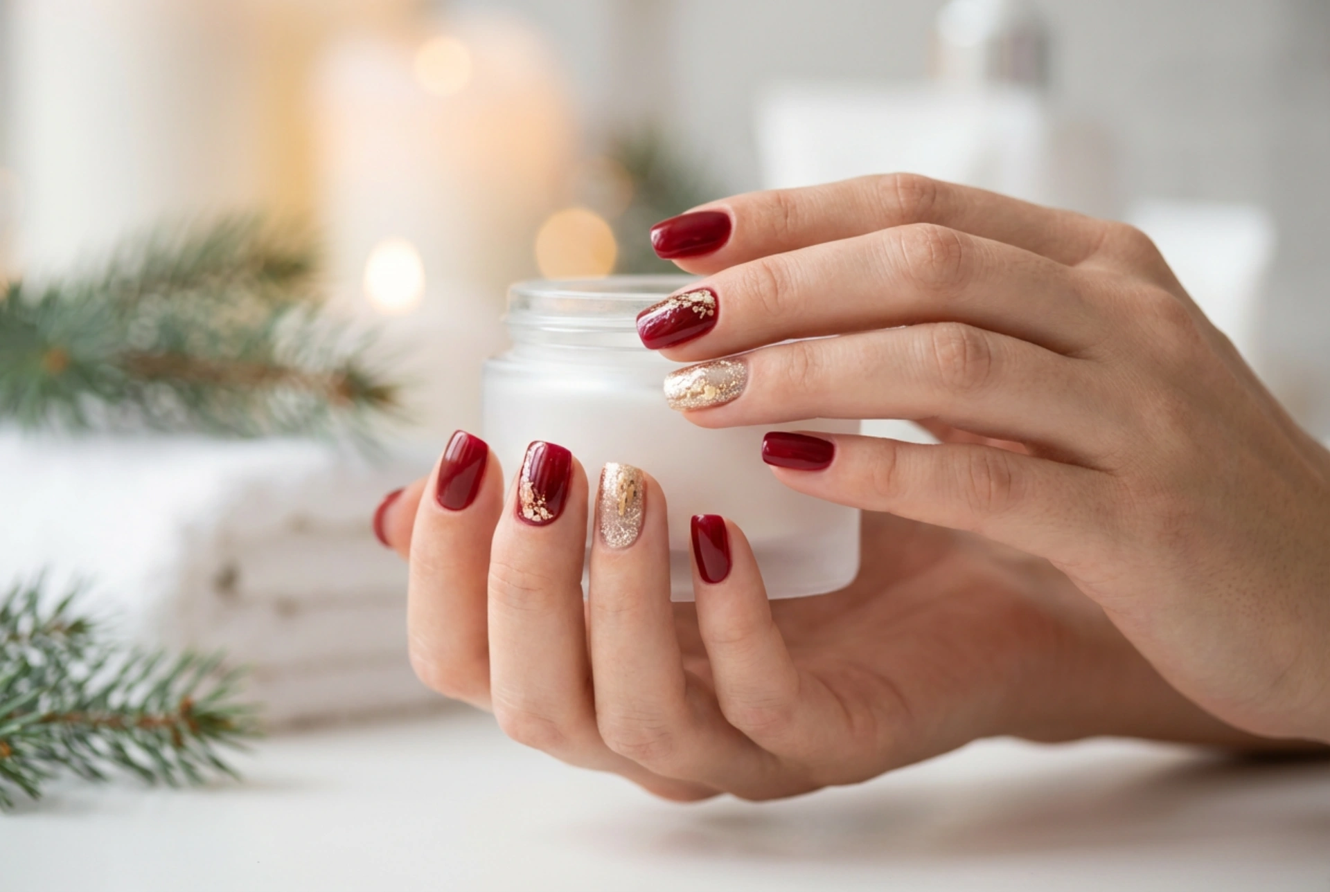 Rot-goldene Weihnachtsnägel: Einfache Techniken und Verzierungen