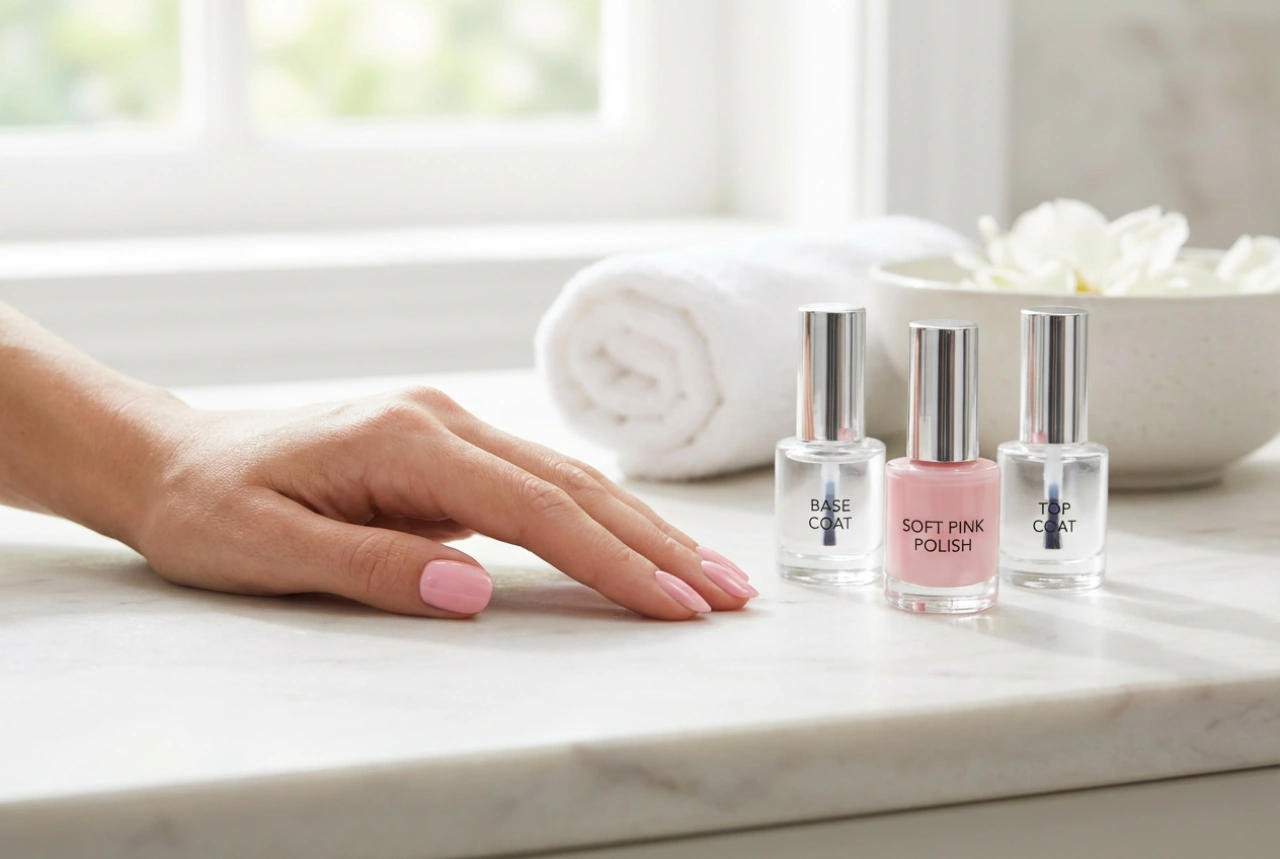 Rosafarbene Hybridnägel Schritt für Schritt: Base, Farbe, Top Coat