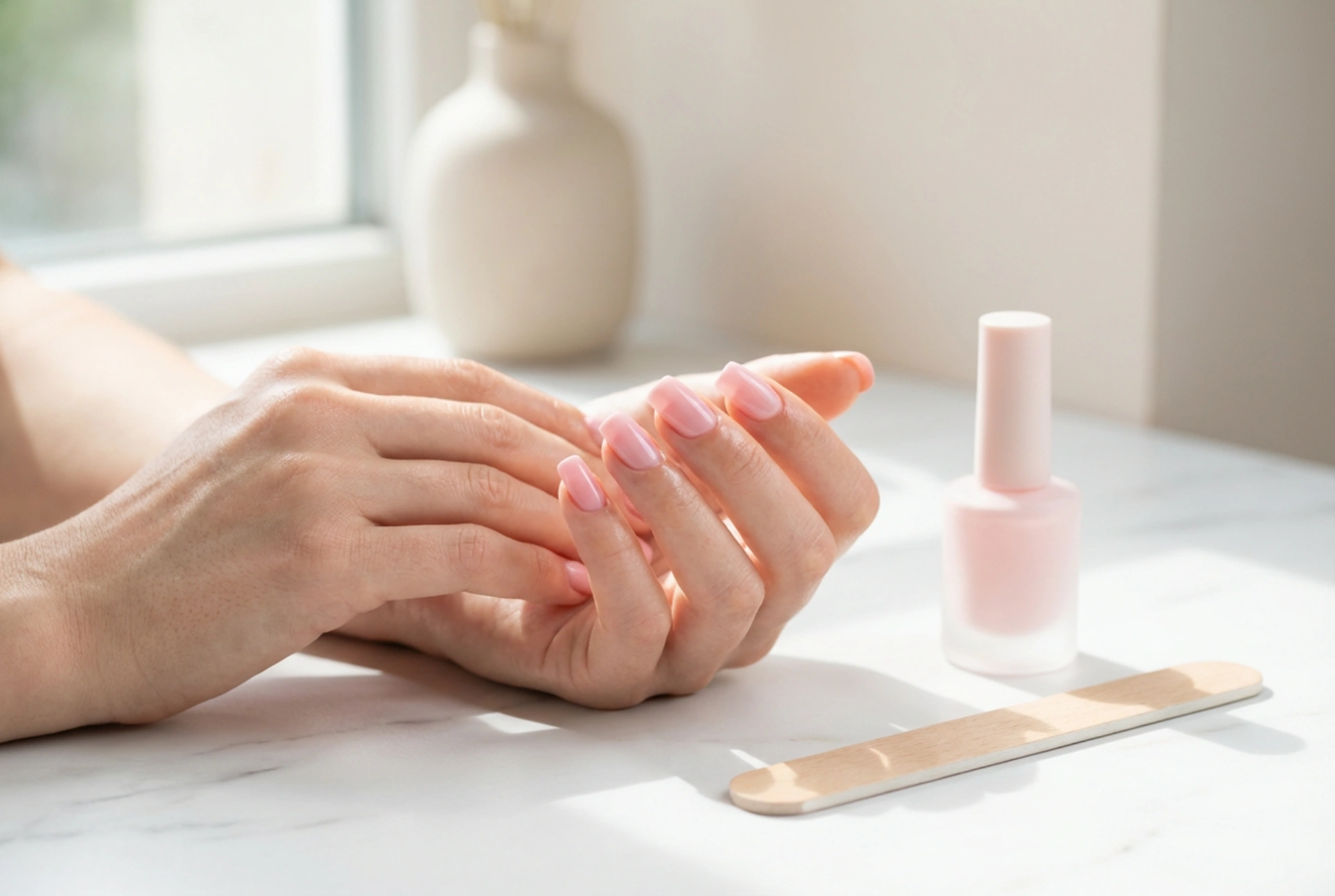 Rosa quadratische Nägel: Formfeilen, Lackieren und Nagelhautpflege