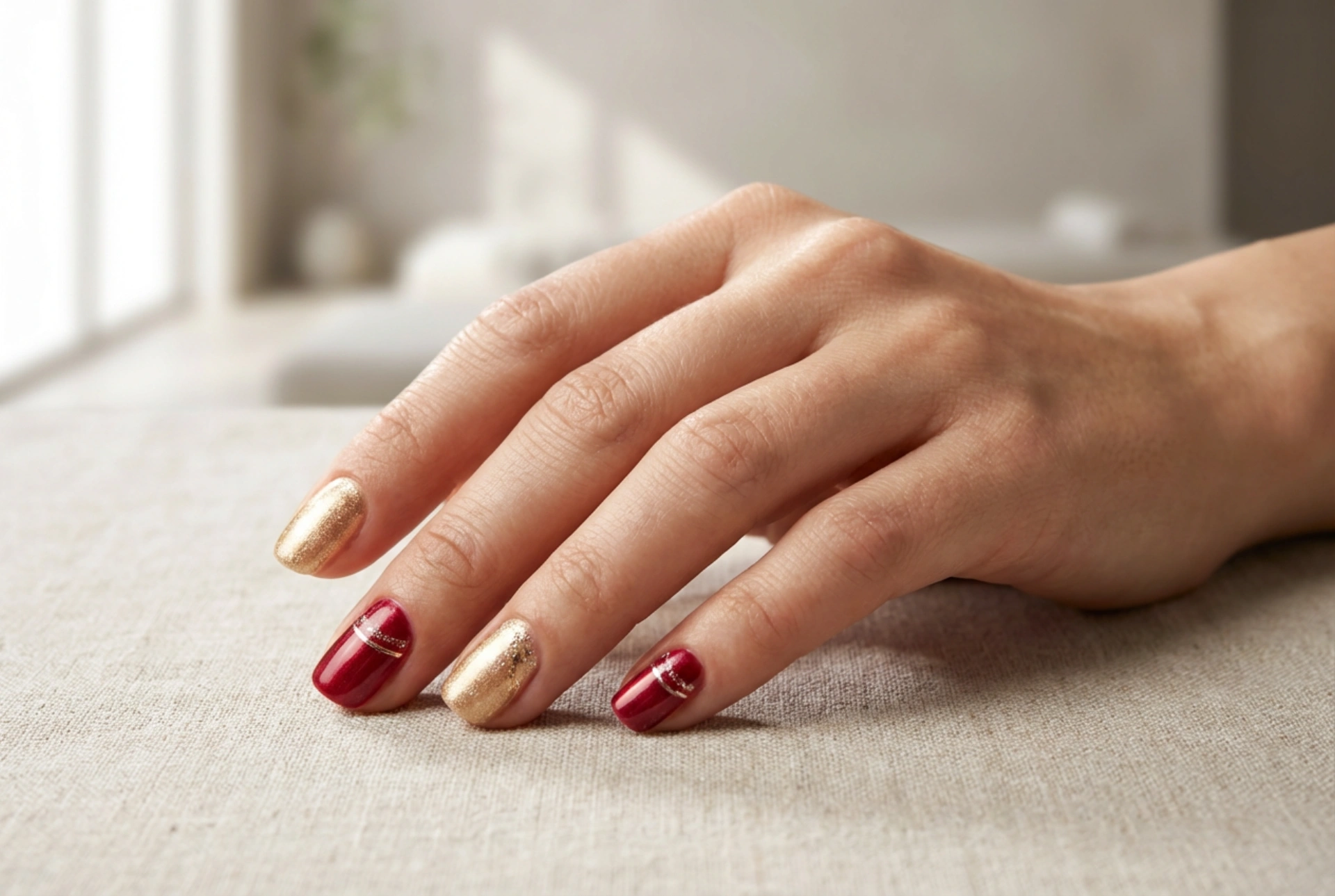 Gold-rote Nägel: Wie man Farben, Verzierungen und Finishes kombiniert