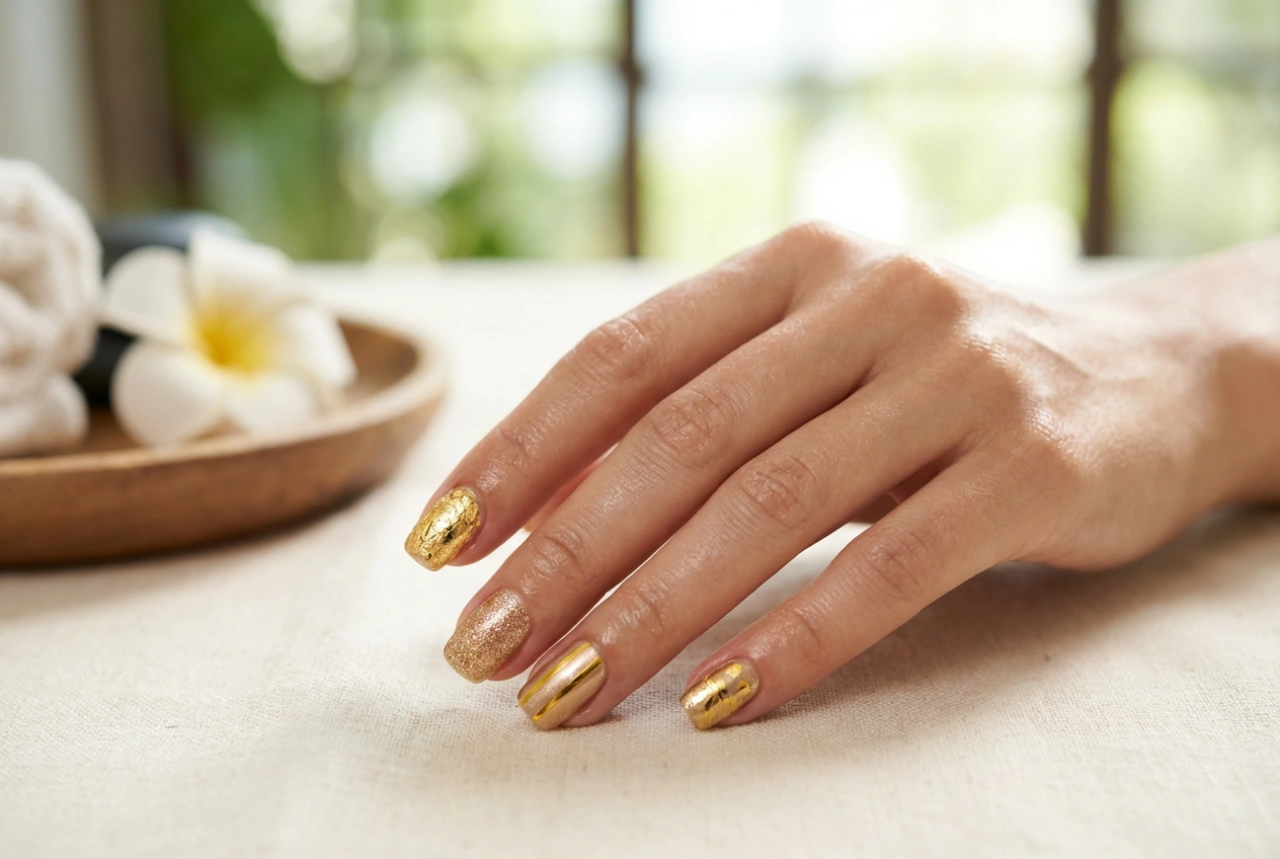 Goldene Nagelverzierungen: Folien, Streifen, Aufkleber und Pigmente