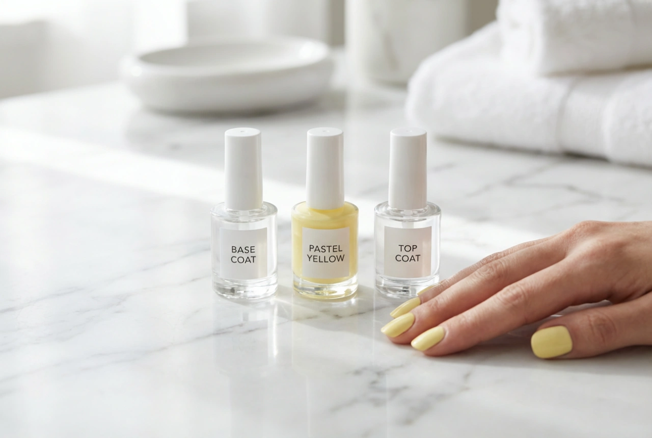 Pastellgelbe Nägel ohne Streifen: Base Coat, Schichten und Top Coat