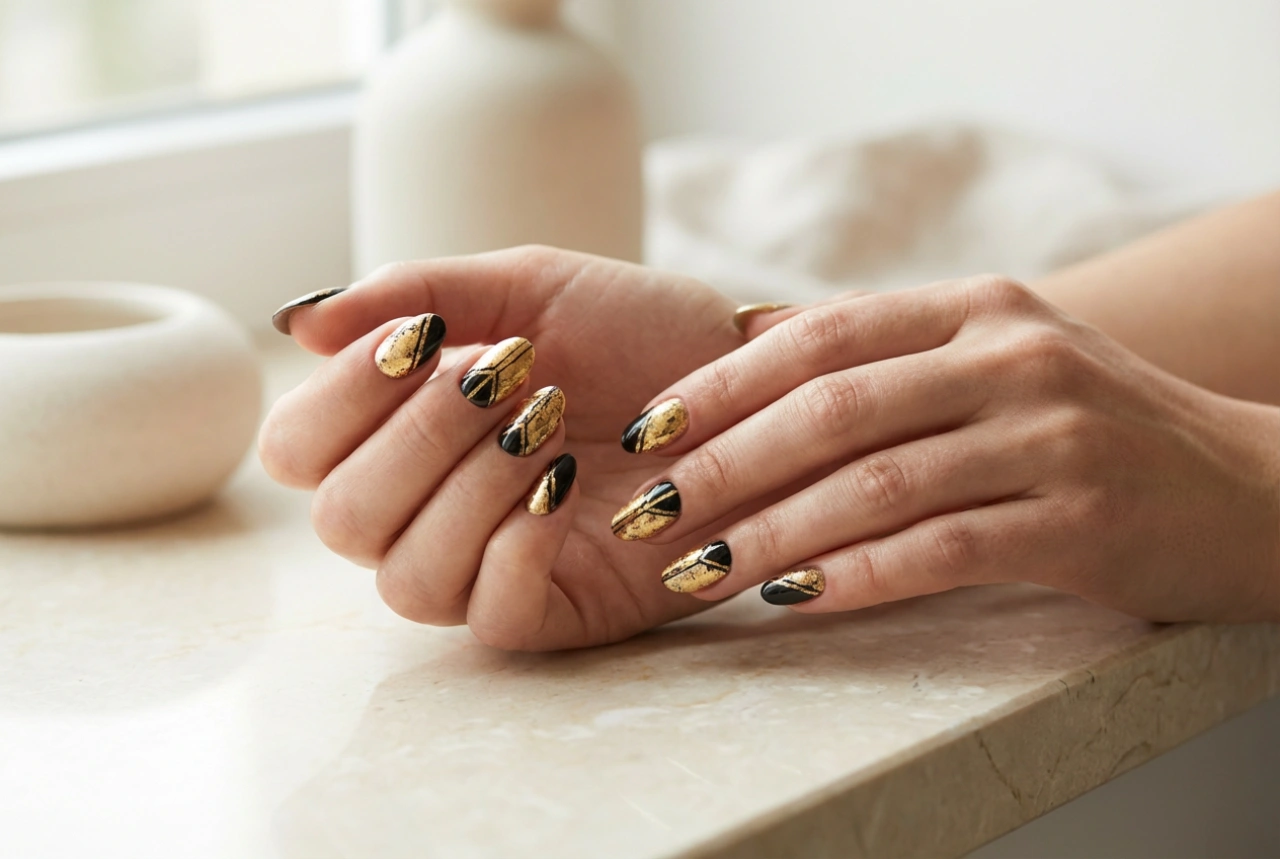 Gold-schwarze Nägel: Kontrastreiche Designs Schritt für Schritt