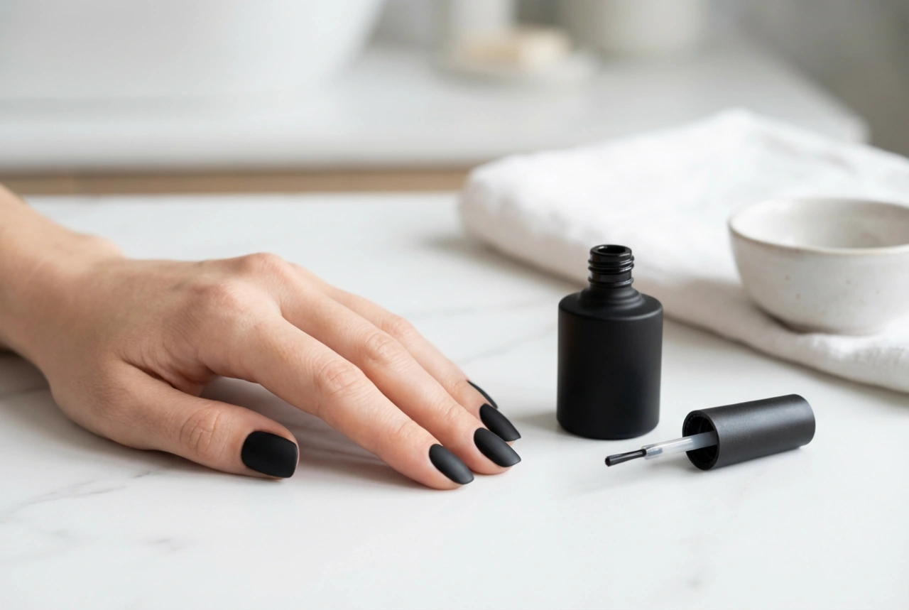 Schwarzer matter Nagellack ohne Streifen: Vorbereitung und Anwendung
