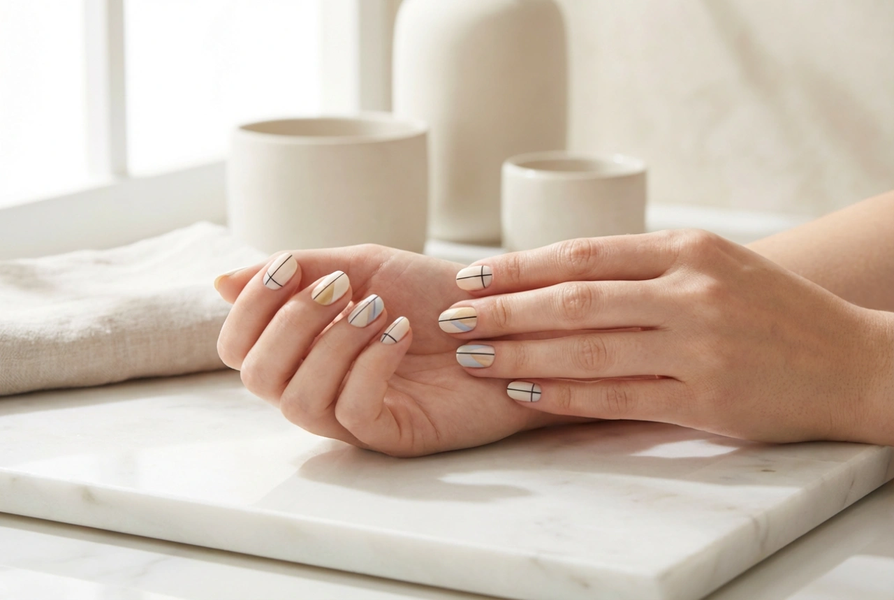 Geometrische Muster auf den Nägeln: Klebebänder, Stempel und Freihandmalerei