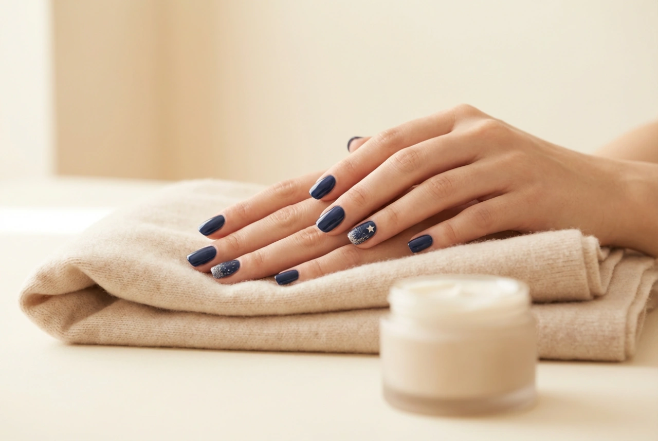 Dunkelblaue Weihnachtsnägel: Techniken mit Sternen und dezentem Glitzer