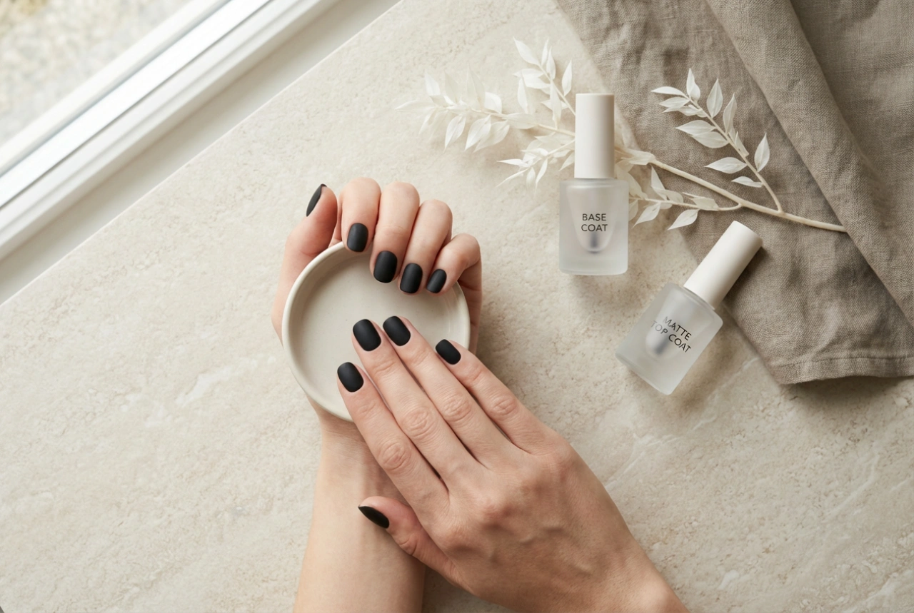 Schwarze matte Nägel Schritt für Schritt: Base Coat, matter Top Coat und Versiegelung