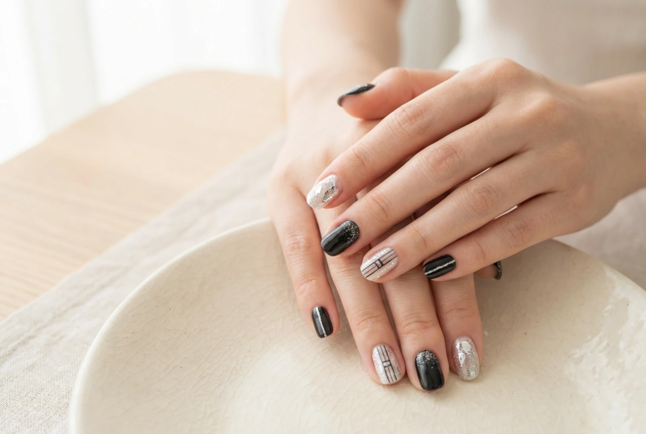 Schwarze und silberne Nägel: Wie man Silber mit Schwarz kombiniert, Linien, Folien, Glitzer