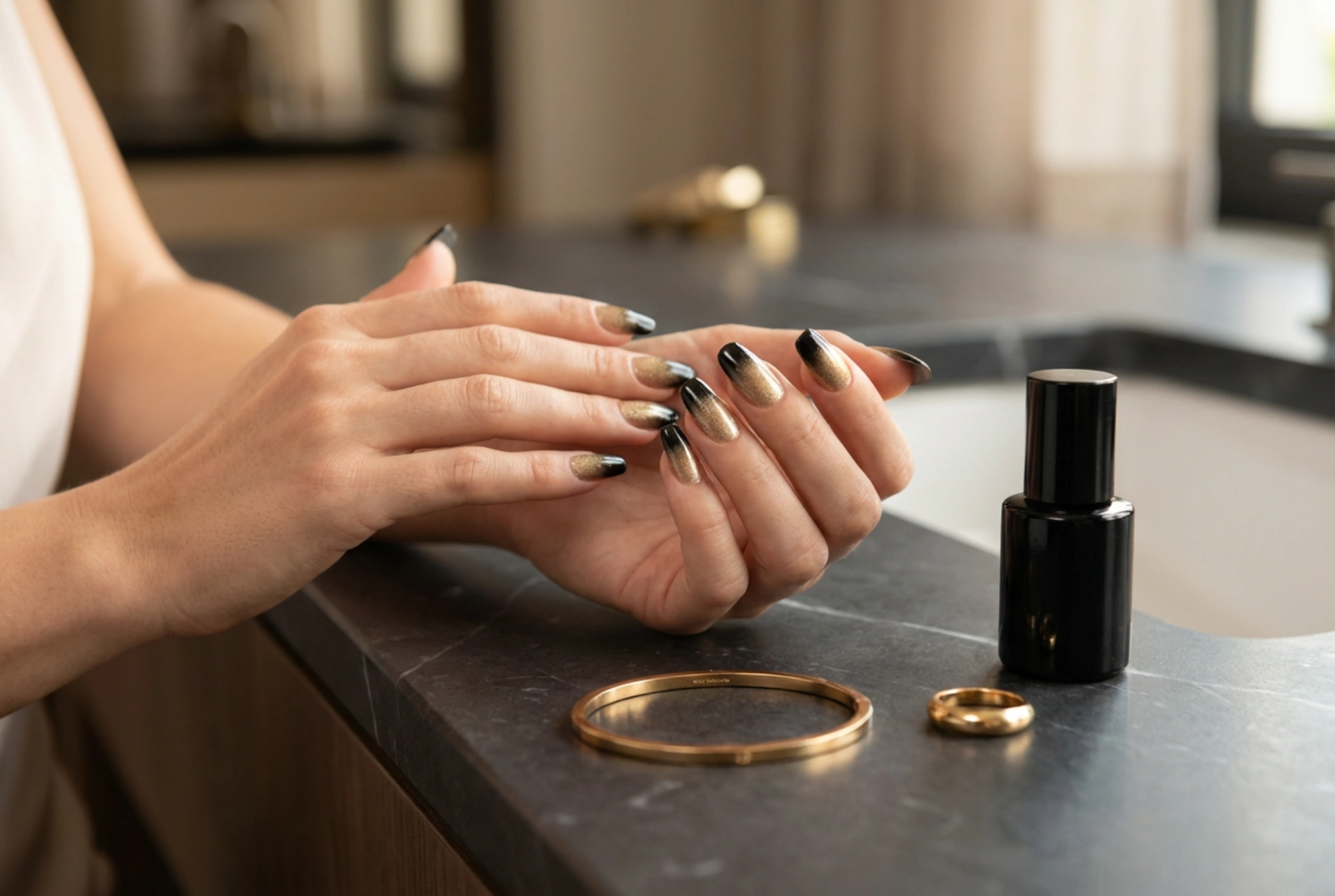 Schwarz-goldene Ombre-Nägel: Eleganter Effekt für den Abend