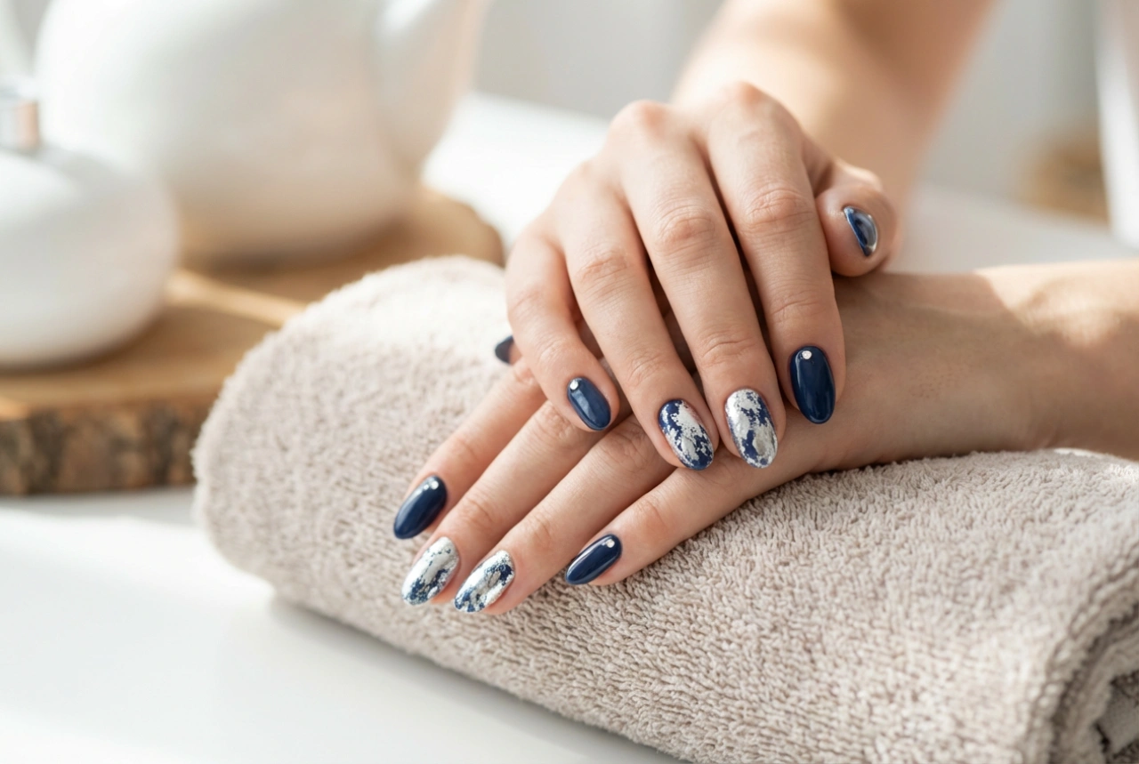 Dunkelblaue und silberne Nägel: Elegante Akzente, Folien und Schmucksteine