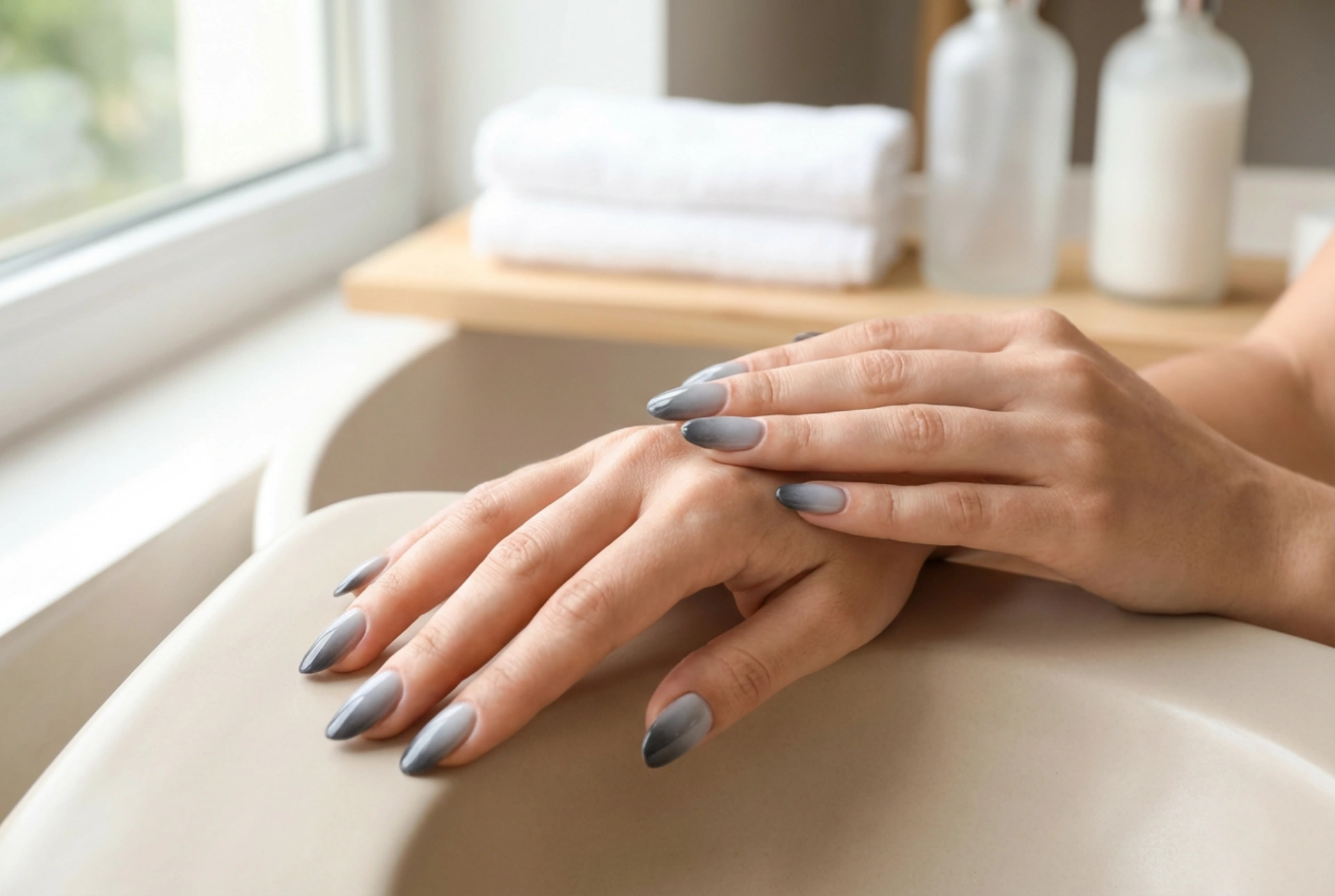 Graues Ombre auf den Nägeln: Farbauswahl, Verblendung und Top Coat
