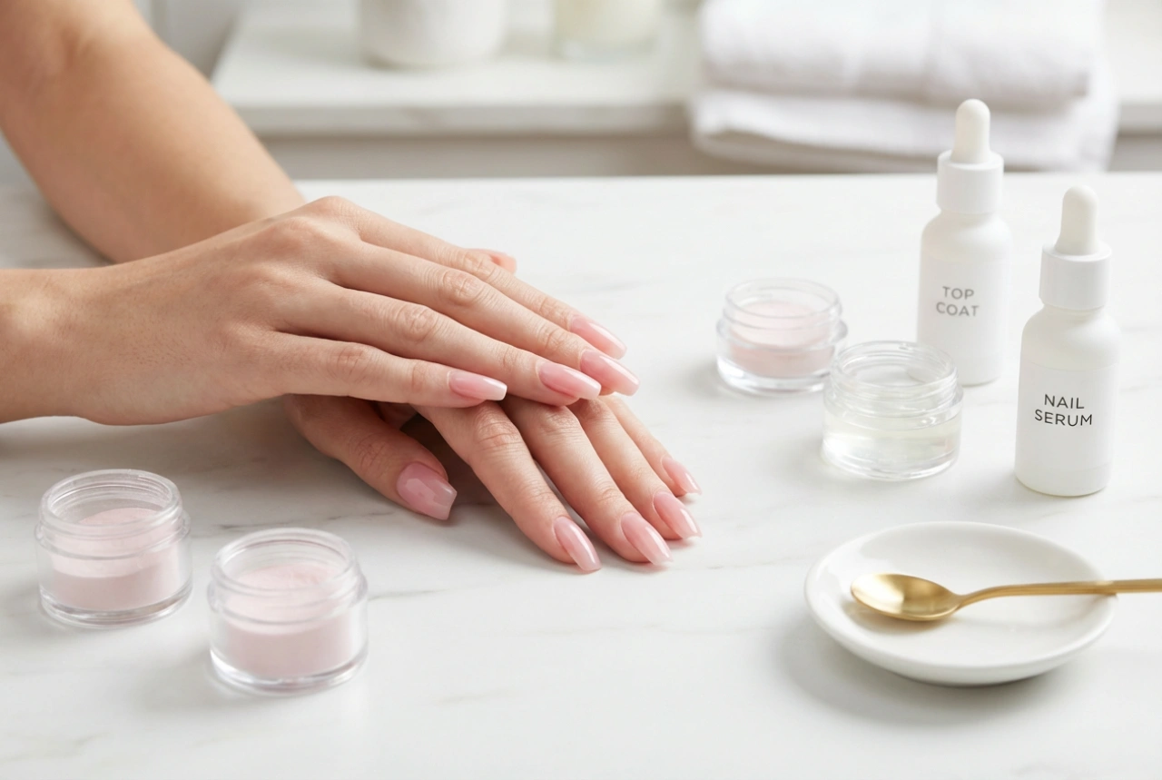 Rosa glänzende Nägel: Glaseffekt, Pigmentpuder und Top Coats