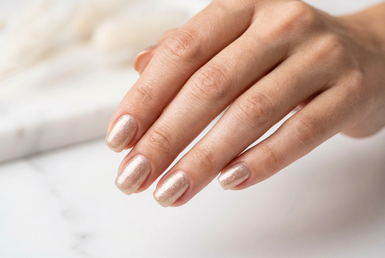 Hybrid-Nagellack mit Glitzerpartikeln: Gleichmäßiges Auftragen und glänzendes Finish