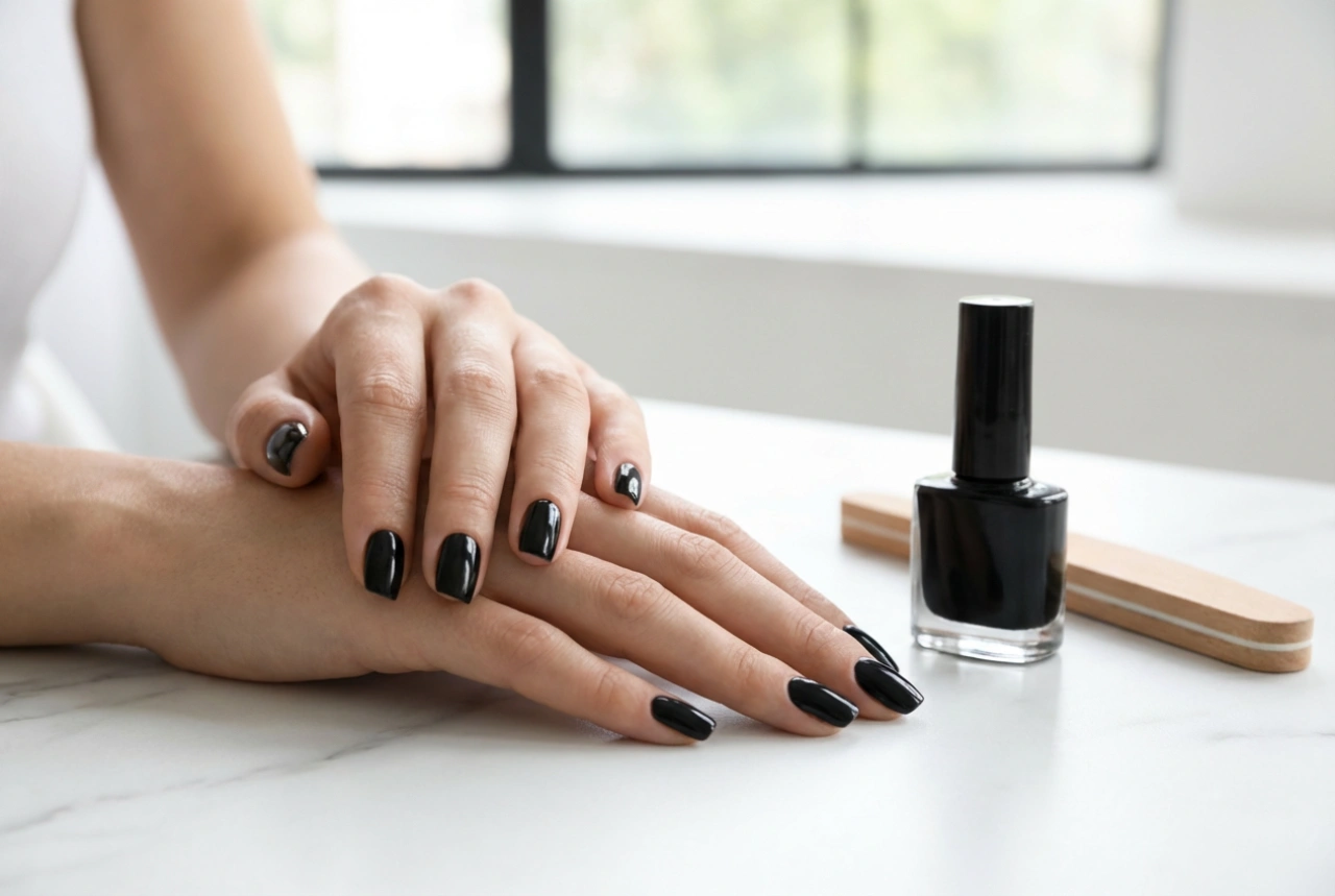 Streifenfreier schwarzer Hybrid-Nagellack: Nagelvorbereitung und zwei Schichten