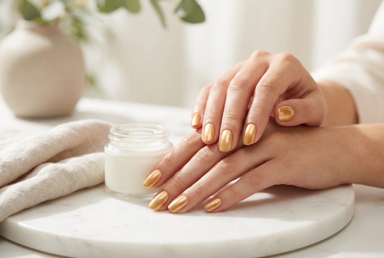 Goldener Hybrid-Nagellack: Glatter Auftrag, gleichmaessiger Glanz und elegante Stylings