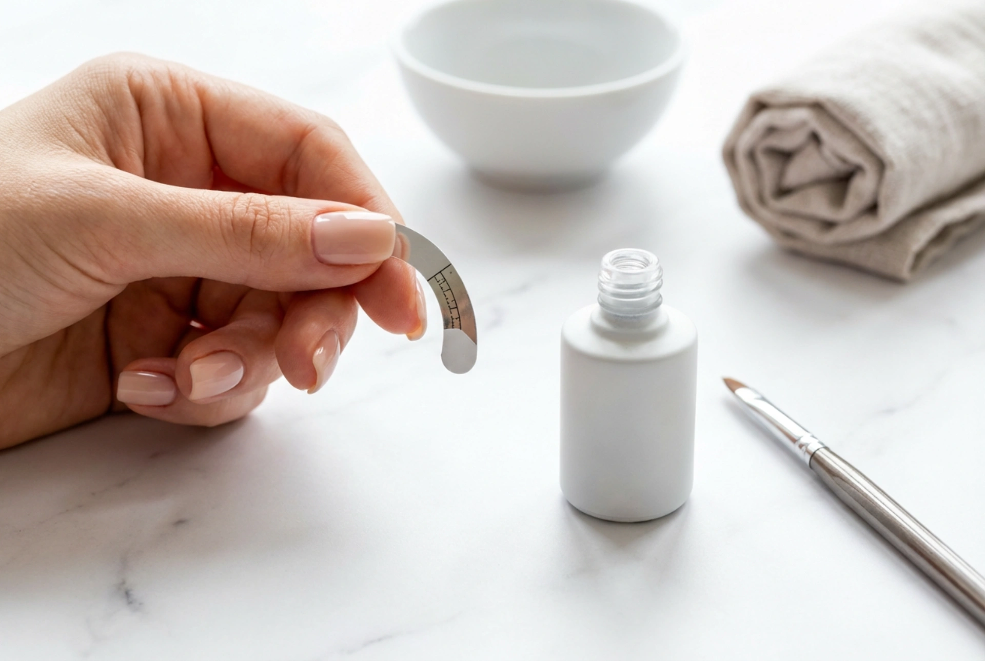 Weißer Hybridlack für die French Manicure: Smile-Linie, Pinsel und Schablonen