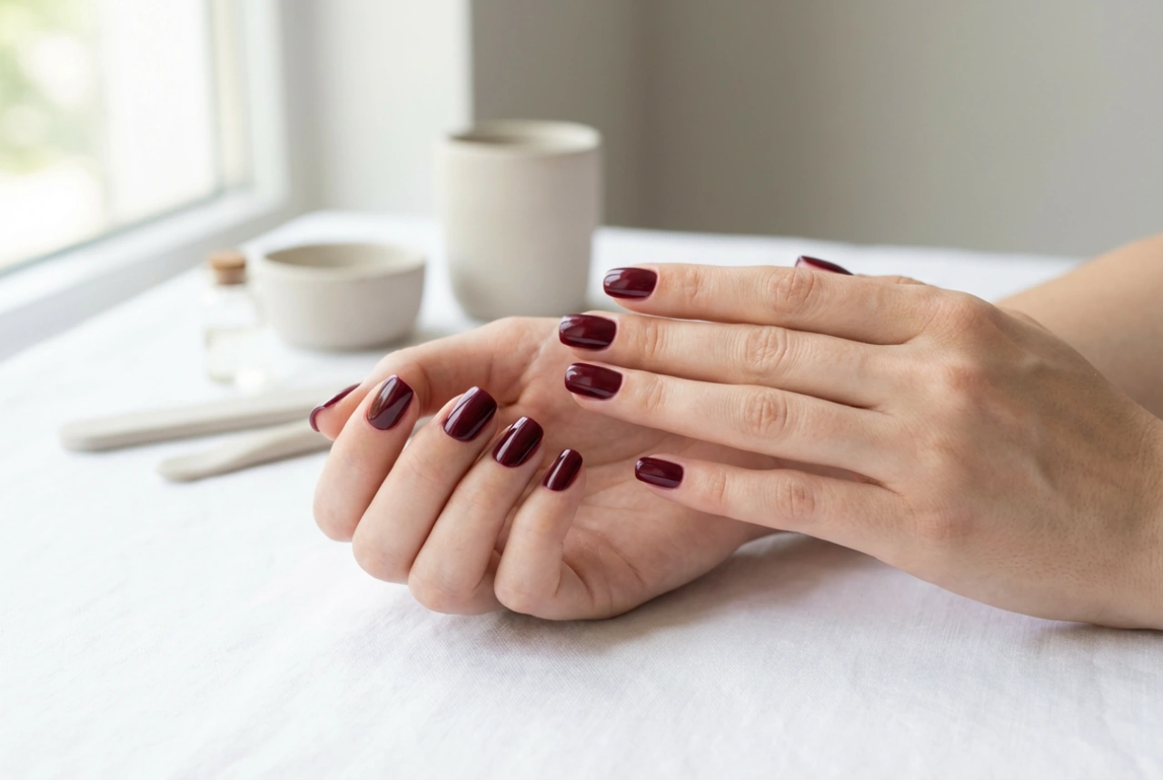 Bordeauxfarbener UV-Nagellack ohne Schlieren: Schichttechnik und saubere Ränder