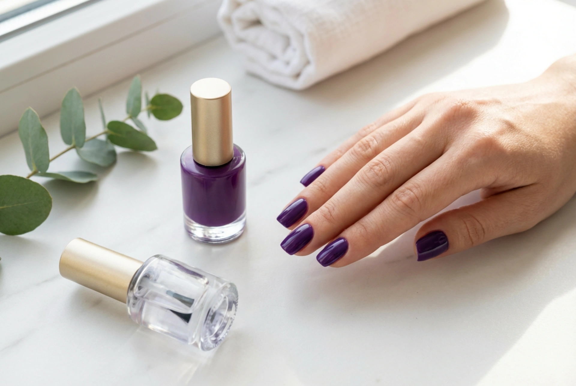 Violetter Hybrid-Nagellack: Basis für die Farbe und gleichmäßiger Glanz