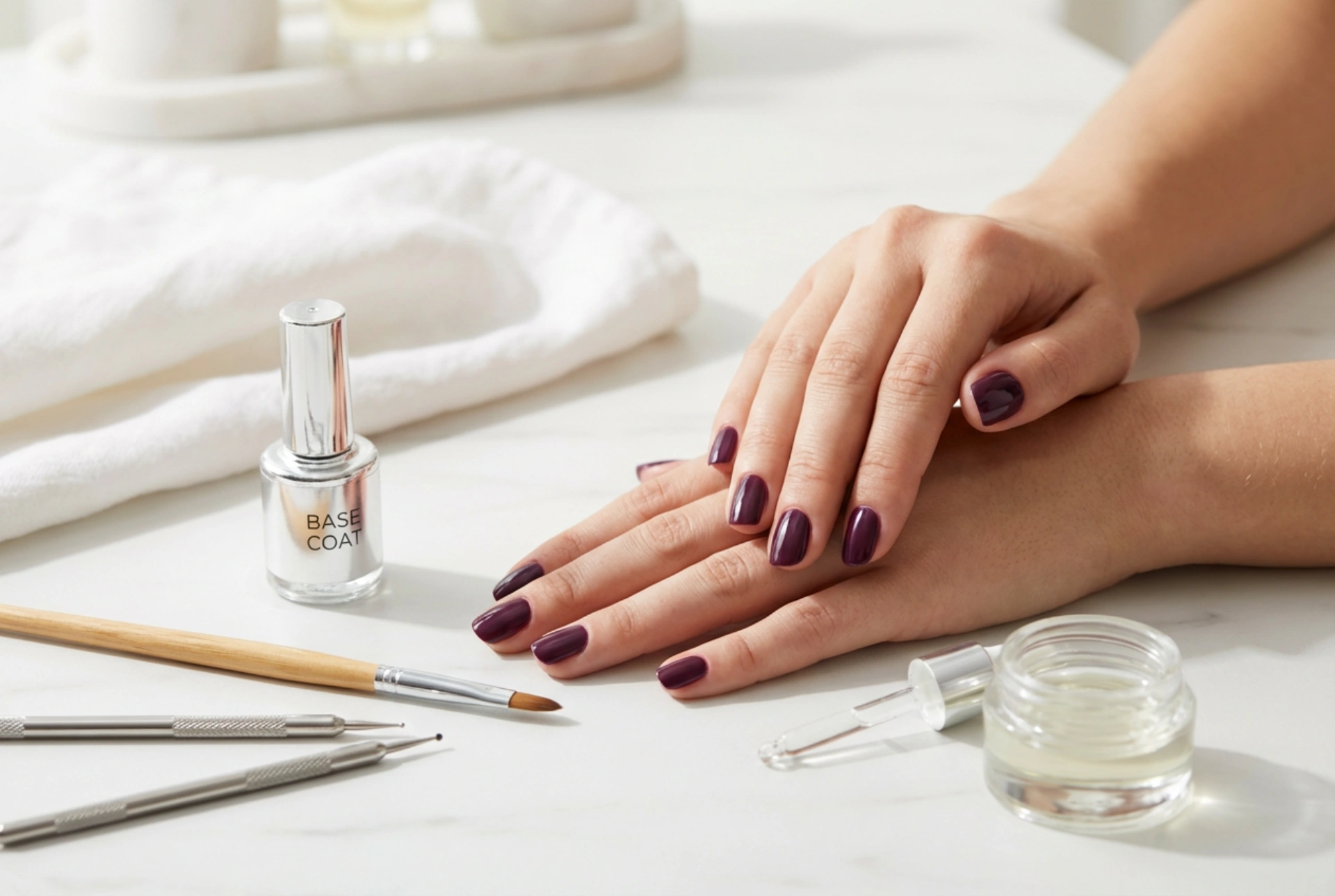 Pflaumenfarbene Hybrid-Nägel: Vorbereitung der Nagelplatte, Lackieren und Verzierungen