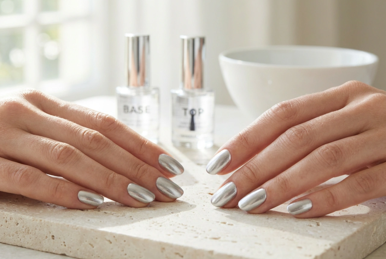 Silberner Nagellack ohne Streifen: Base Coat, dünne Schichten und Top Coat