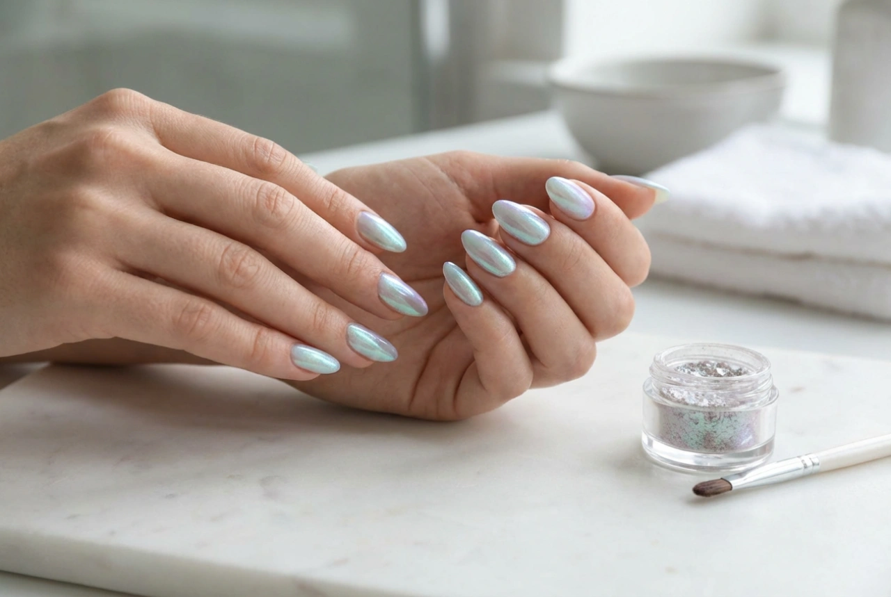 Meerjungfrau-Effekt: Glitzerpuder auf Hybridnägeln Schritt für Schritt