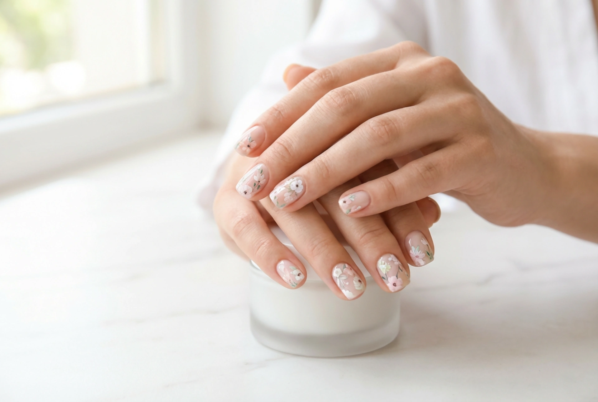 Blumen-Nagelaufkleber: Kompositionen, Hintergrund und Versiegelung mit Top Coat