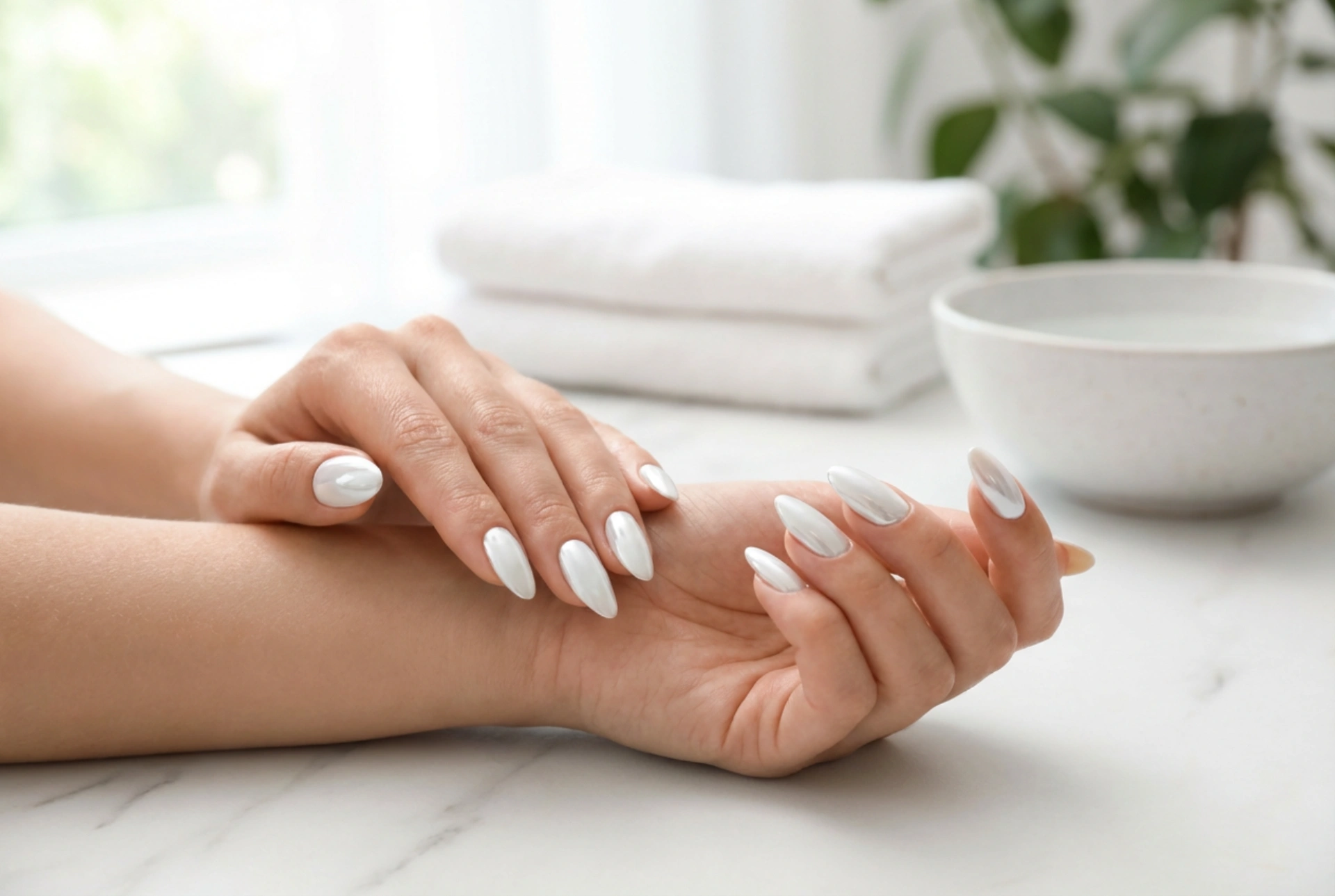 Weiße Nägel mit Puder: Spiegeleffekt auf heller Basis Schritt für Schritt