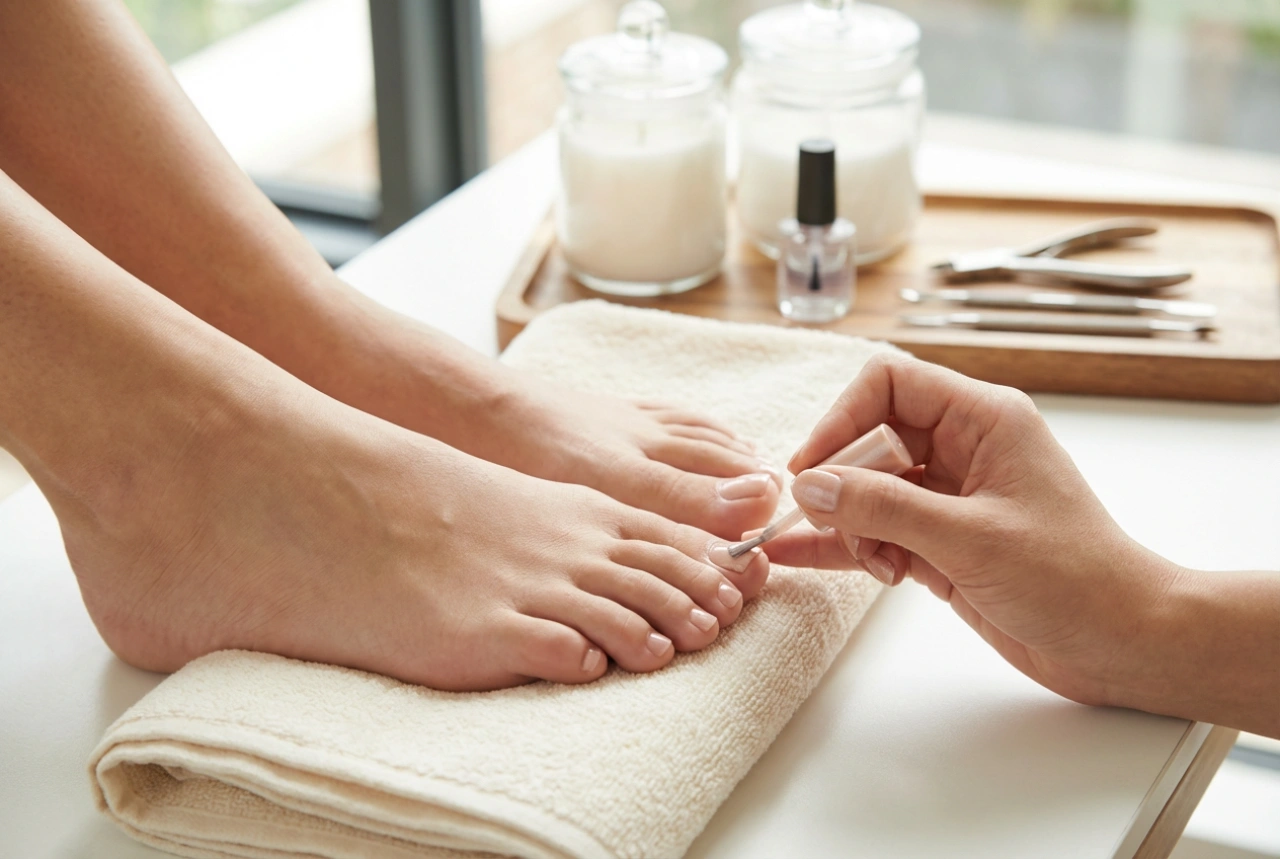 Hybrid-Pediküre: Vorbereitung der Nagelplatte, Auftragung und Versiegelung